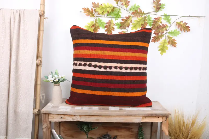 Ethnical Kilim Rug Pillow, Pillow, Pillow for Couch, 24x24 Orange Cushion, Nautical Throw Pillow Sham, Throw Kilim Pillow - 1