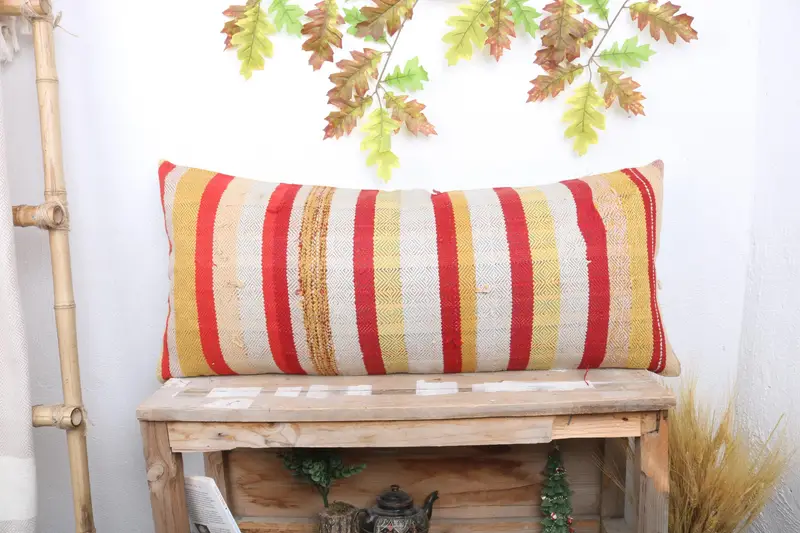Handmade Kilim Cushion, Art Deco Cushion Cover, Boho Pillow Sham Cover, Pastel Cushion, Pillow Case, Kilim Pillow Cover, 16x36 Red Pillow - 1