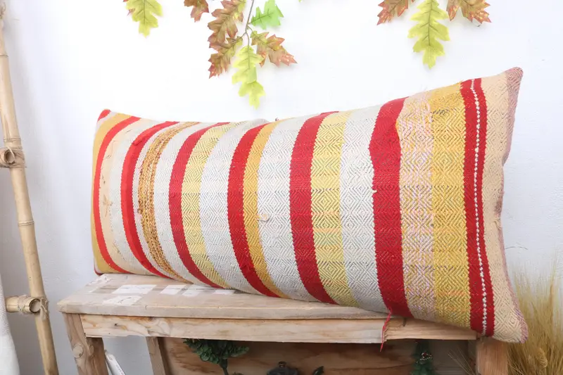 Handmade Kilim Cushion, Art Deco Cushion Cover, Boho Pillow Sham Cover, Pastel Cushion, Pillow Case, Kilim Pillow Cover, 16x36 Red Pillow - 4