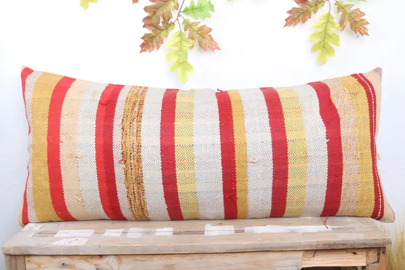Handmade Kilim Cushion, Art Deco Cushion Cover, Boho Pillow Sham Cover, Pastel Cushion, Pillow Case, Kilim Pillow Cover, 16x36 Red Pillow - 2