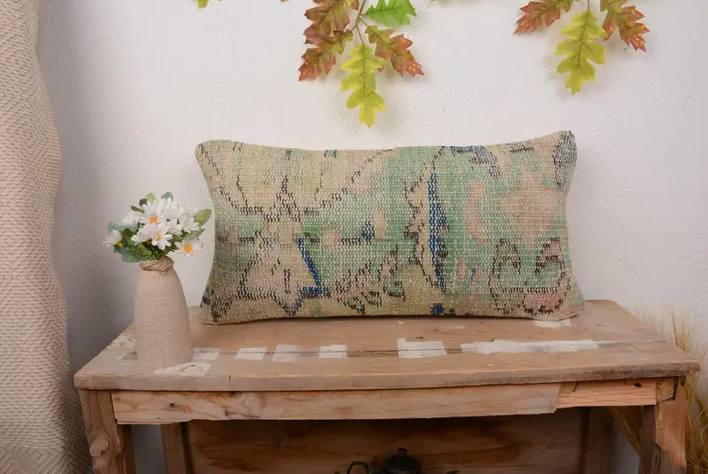 Handmade Green & Beige Kilim Throw Pillow, Embroidered Vintage Cushion