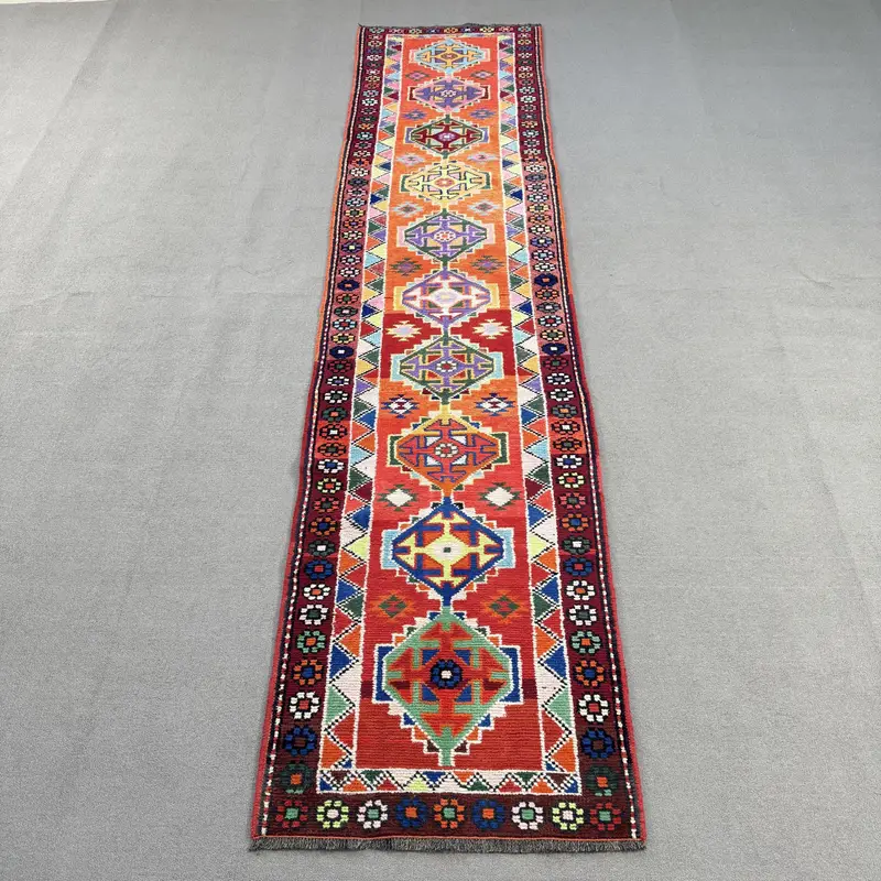 2.5x10.6 ft Runner Vintage Turkish Rug, Red Floral Wool Rug - 1