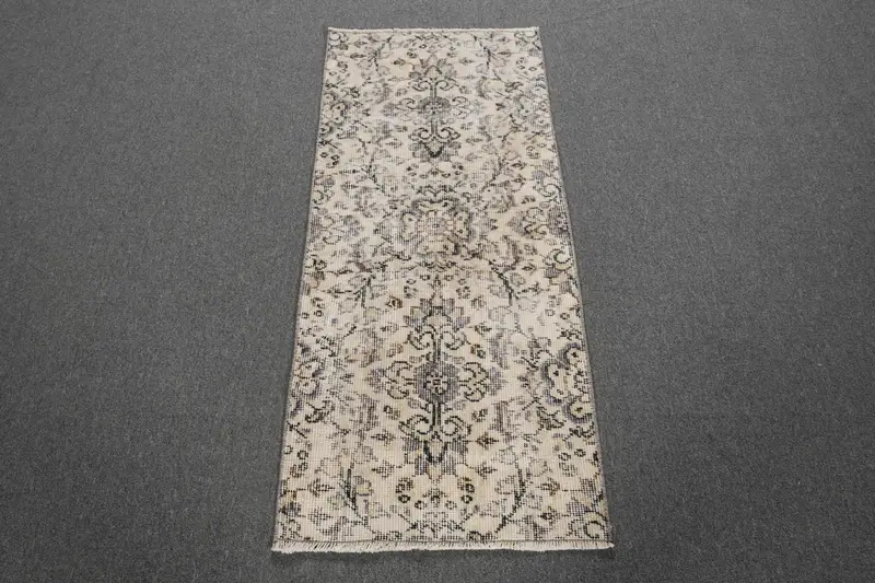 Vintage Rug, 1.8x4.1 ft Small Turkish Rug, Oushak Gray Black Floral Rug - 1