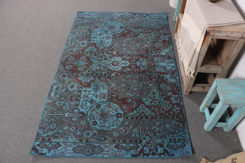 Alfombra Marroquí Azul, 3,5x5,9 ft con Detalles en Naranja