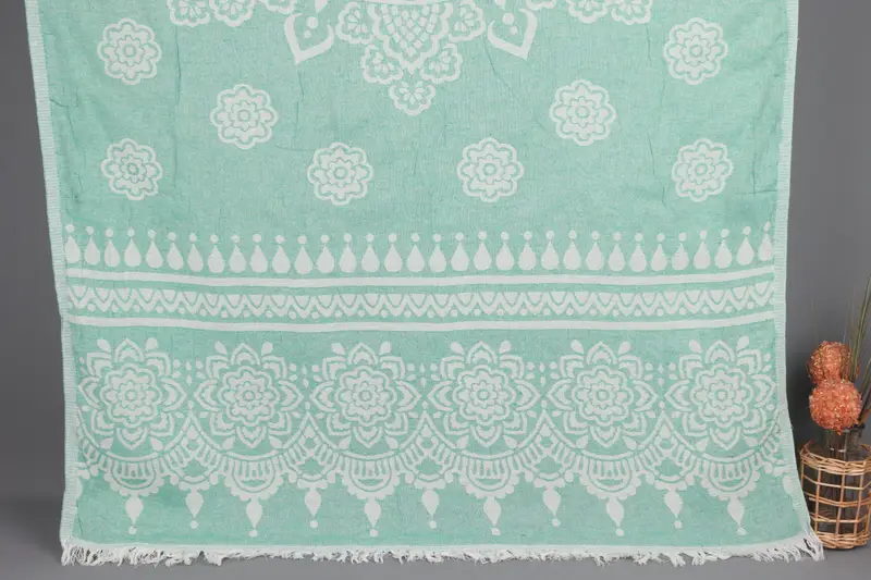 Personalized Benetton Green Floral Beach Towel, Organic Cotton, 36x73 Inches