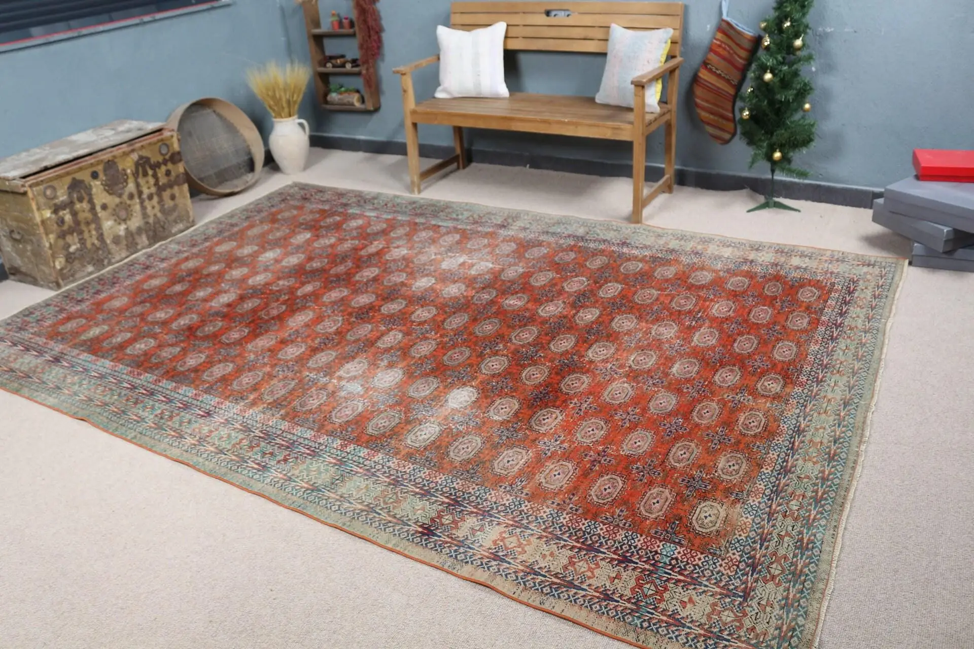 7.1x10.2 ft Vintage Rug, Rug, Red Camouflage Rug Wool - 1