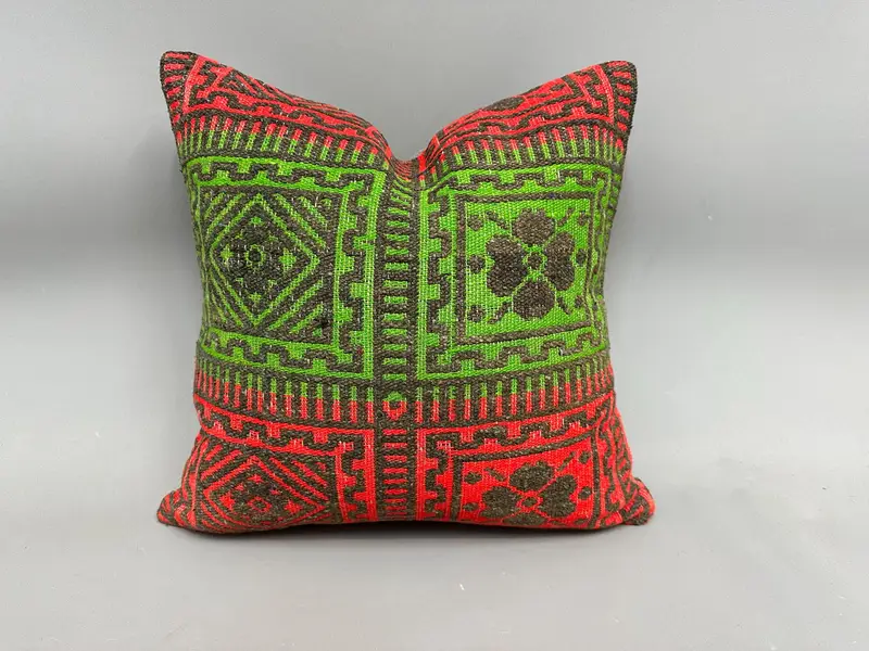 Boho Pillow Sham Cover, Interior Designer Pillow, Kilim Pillow Cover, Vintage Kilim Pillow Pillow, Cushion Case, 18x18 Green Cushion Case - 1