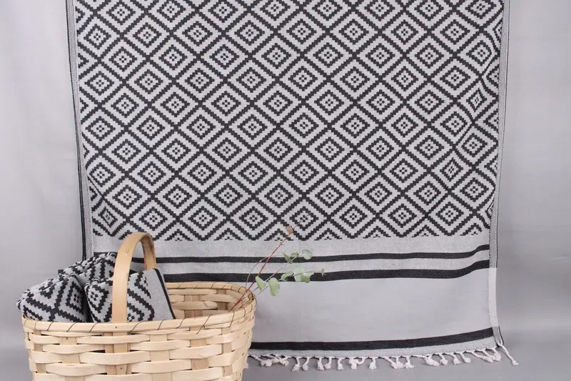 Turkish Beach Towel Monogram Black-Gray Geometric, 69x36 Inches