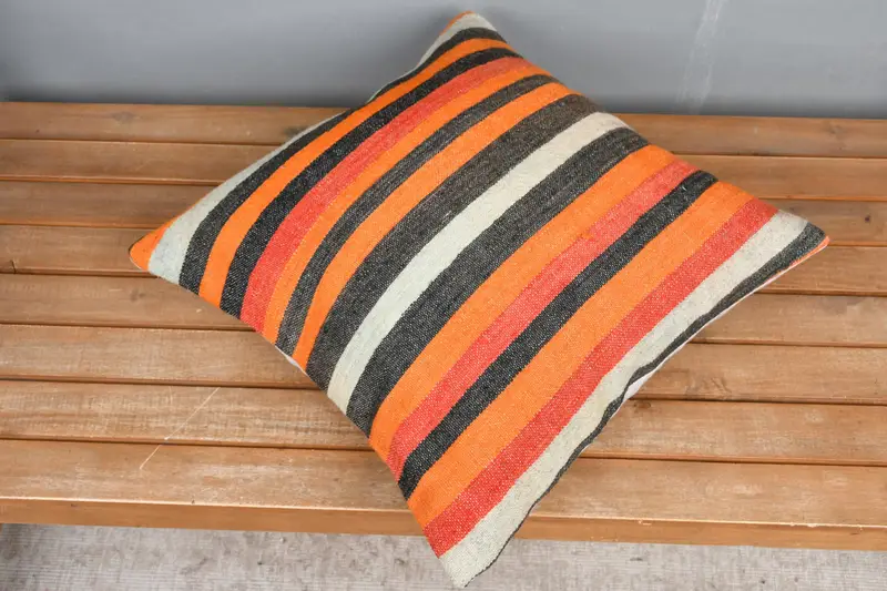 Toss Cushion Cover, Cushion Case, Handmade Kilim Cushion, 18x18 Orange Pillow Cover, Ethnical Kilim Rug Pillow, Boho Pillow, Anatolian Cushion Cover - 2