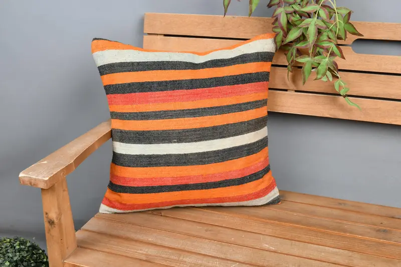 Toss Cushion Cover, Cushion Case, Handmade Kilim Cushion, 18x18 Orange Pillow Cover, Ethnical Kilim Rug Pillow, Boho Pillow, Anatolian Cushion Cover - 1