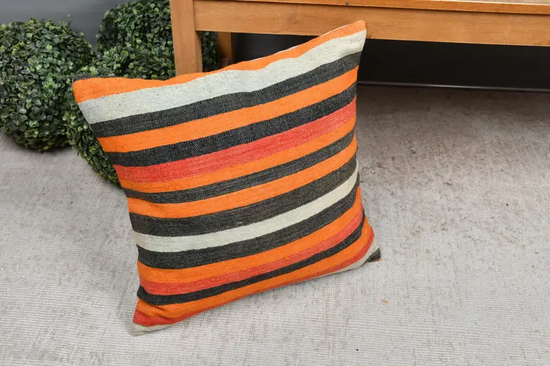 Toss Cushion Cover, Cushion Case, Handmade Kilim Cushion, 18x18 Orange Pillow Cover, Ethnical Kilim Rug Pillow, Boho Pillow, Anatolian Cushion Cover - 7
