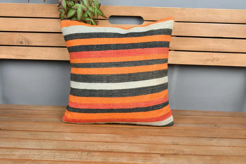 Toss Cushion Cover, Cushion Case, Handmade Kilim Cushion, 18x18 Orange Pillow Cover, Ethnical Kilim Rug Pillow, Boho Pillow, Anatolian Cushion Cover - 6