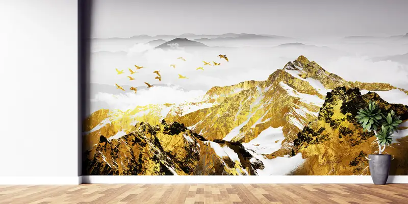 エレガントなスカンジナビアの山の抽象的な壁紙、モダンなトレンディなゴールド プリント