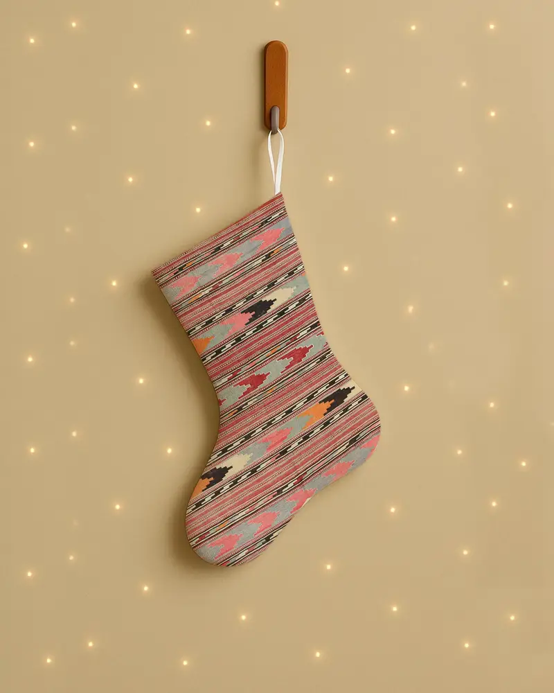 Patrón de adornos navideños festivos, calcetín naranja y marrón de 20 pulgadas de ancho