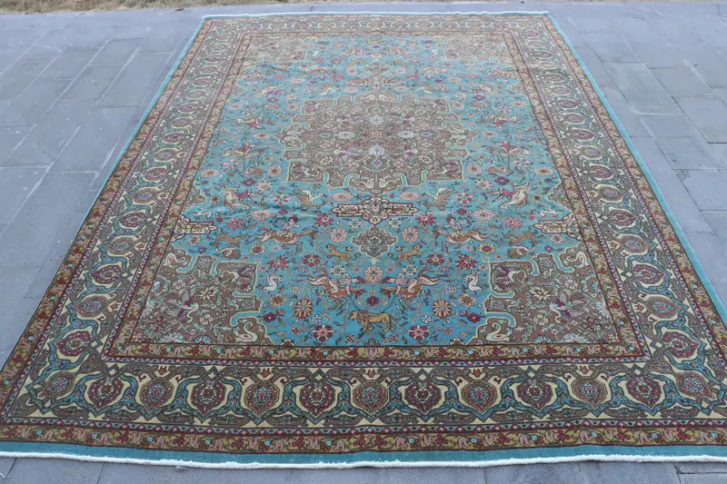 Alfombra Floral Azul Hecha a Mano, Alfombra Estilo Clásico 9,3x12,5ft