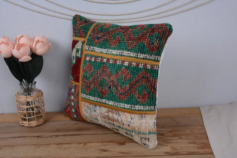 Rustic Cushion Case, Outdoor Throw Pillow Case, Home Decor Pillow, Handmade Kilim Cushion, 16x16 Green Cushion Case, Pillow for Couch, Cushion - 4