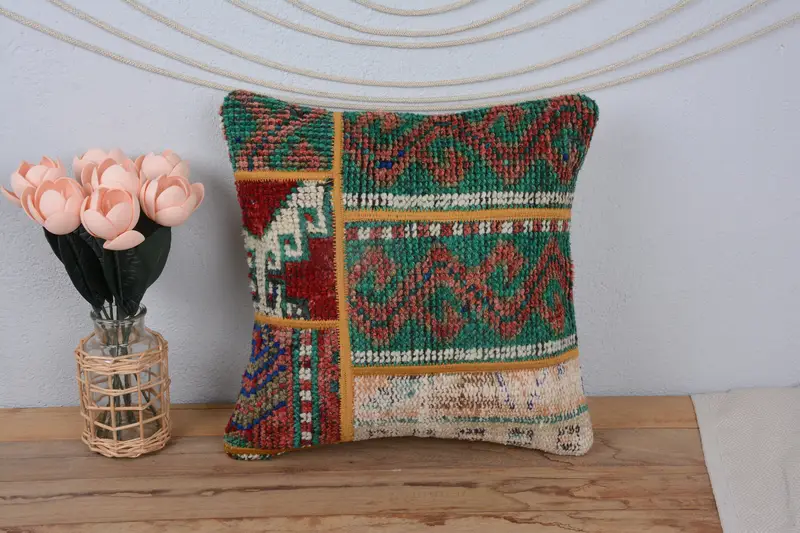 Rustic Cushion Case, Outdoor Throw Pillow Case, Home Decor Pillow, Handmade Kilim Cushion, 16x16 Green Cushion Case, Pillow for Couch, Cushion - 2