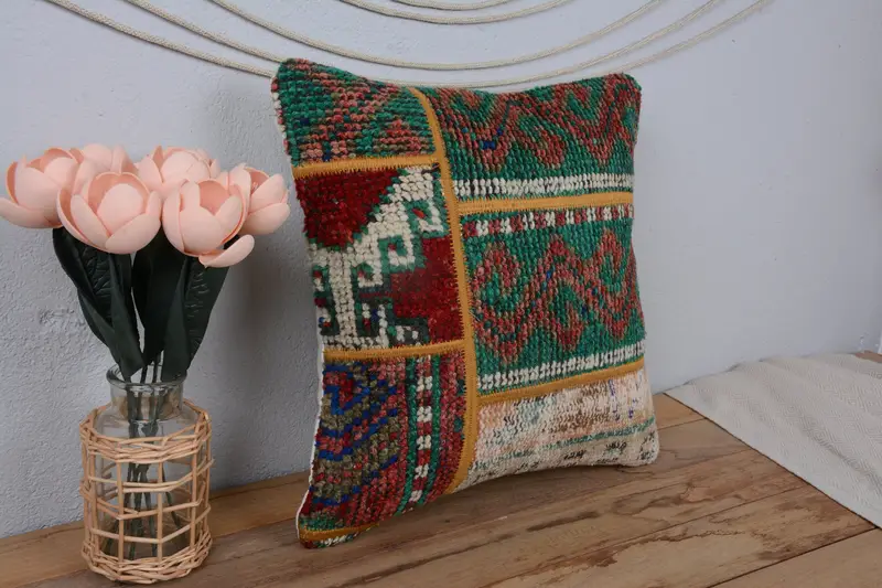 Rustic Cushion Case, Outdoor Throw Pillow Case, Home Decor Pillow, Handmade Kilim Cushion, 16x16 Green Cushion Case, Pillow for Couch, Cushion - 1
