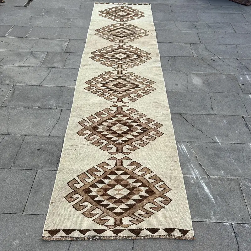 Vintage Runner Rug, 2.7x11 ft Turkish Rug, Brown Herki Wool Rug - 1