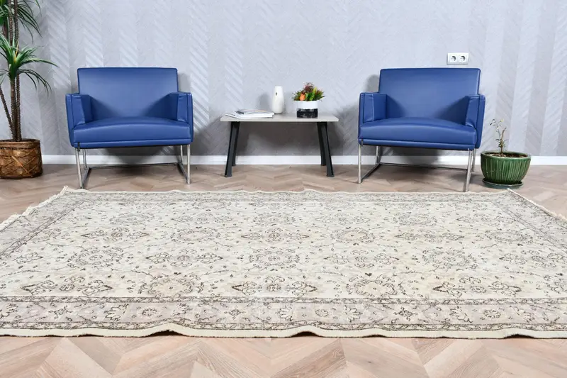 Türk 5.4x8.7 ft Halı, Vintage Büyük Halı, Beyaz Çiçekli Halı - 1
