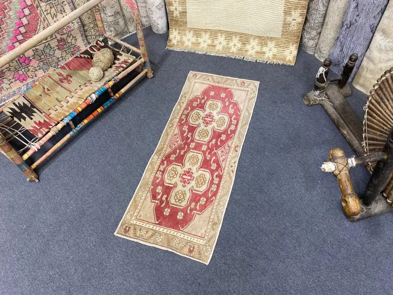 Vintage Turkish Rug, 1.3x3.2 ft Small Rug, Red Beige Bordered Rug - 1
