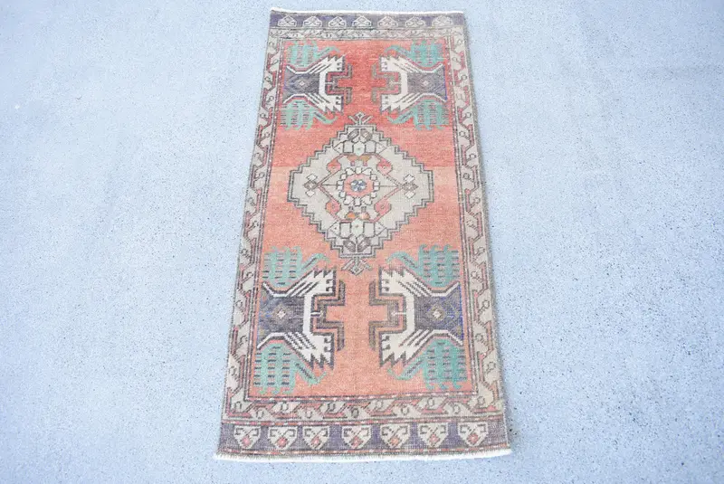 Alfombra turca pequeña de 1,5x3,4 pies, alfombra vintage, alfombra de lana floral beige naranja - 1