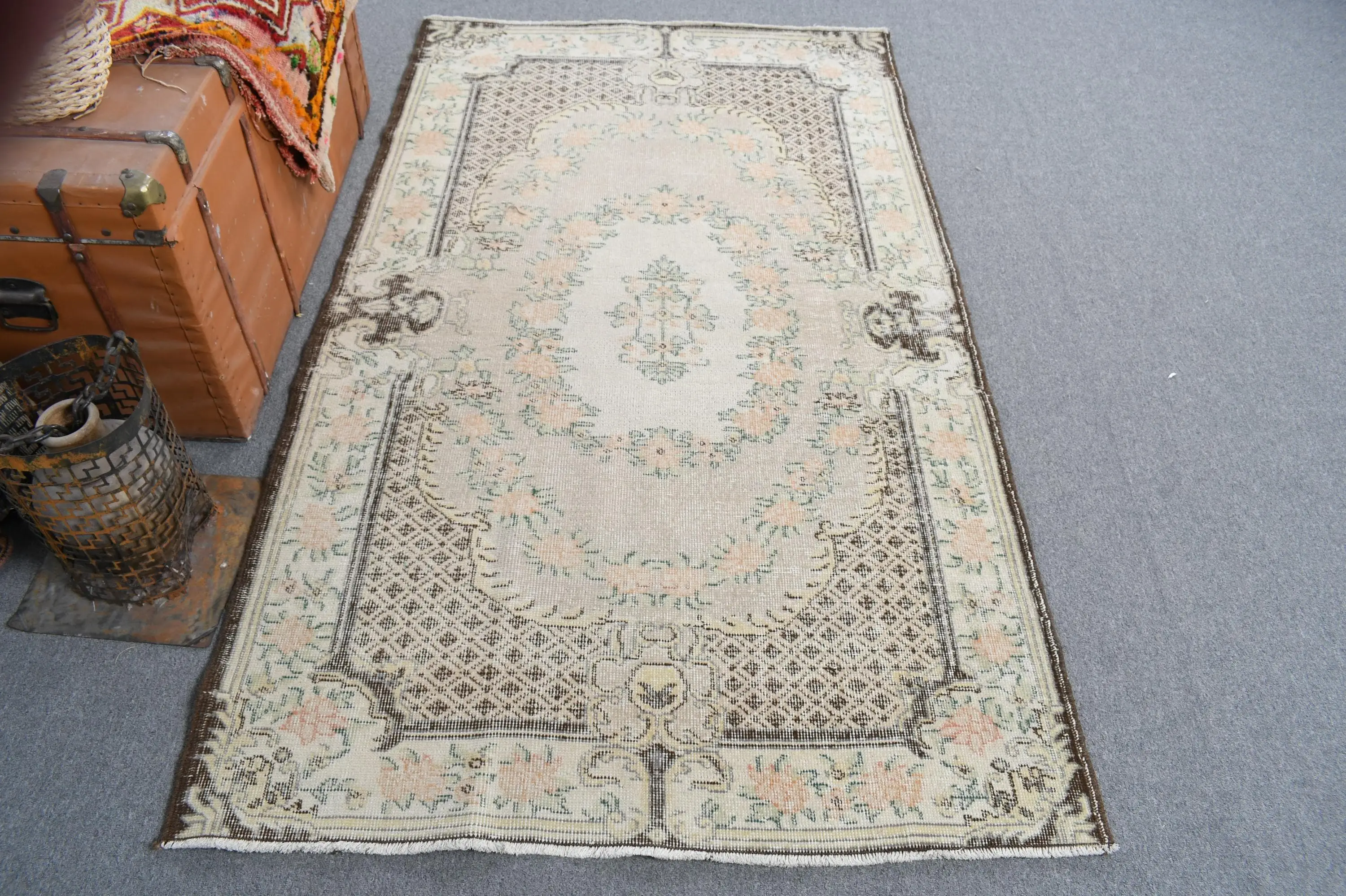 Turkish 3.8x6.5 ft Rug, Area Vintage Rug, White Southwestern Wool Rug - 1