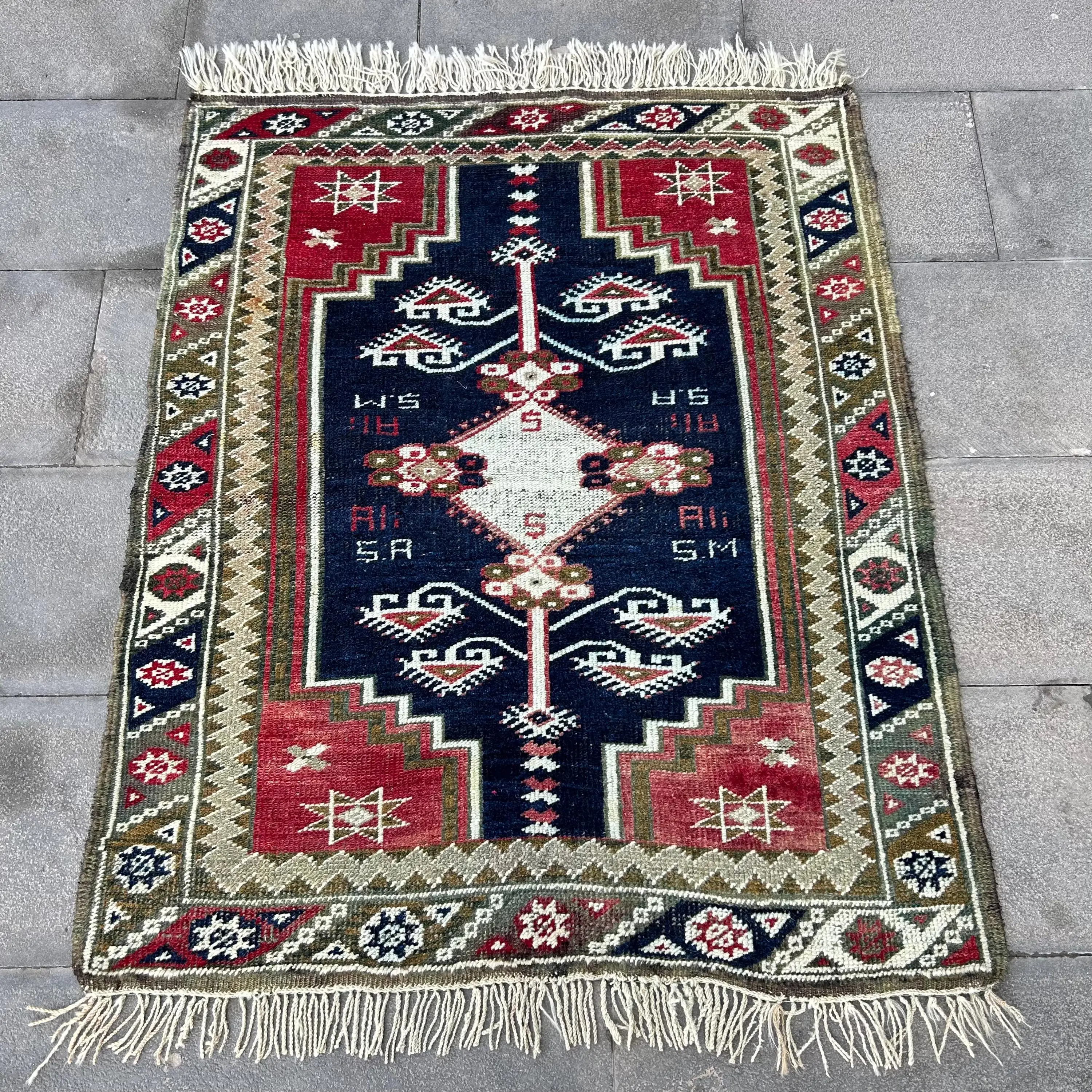 Turkish 3.3x4.1 ft Rug, Small Vintage Rug, Red Blue Solid Wool Rug - 1
