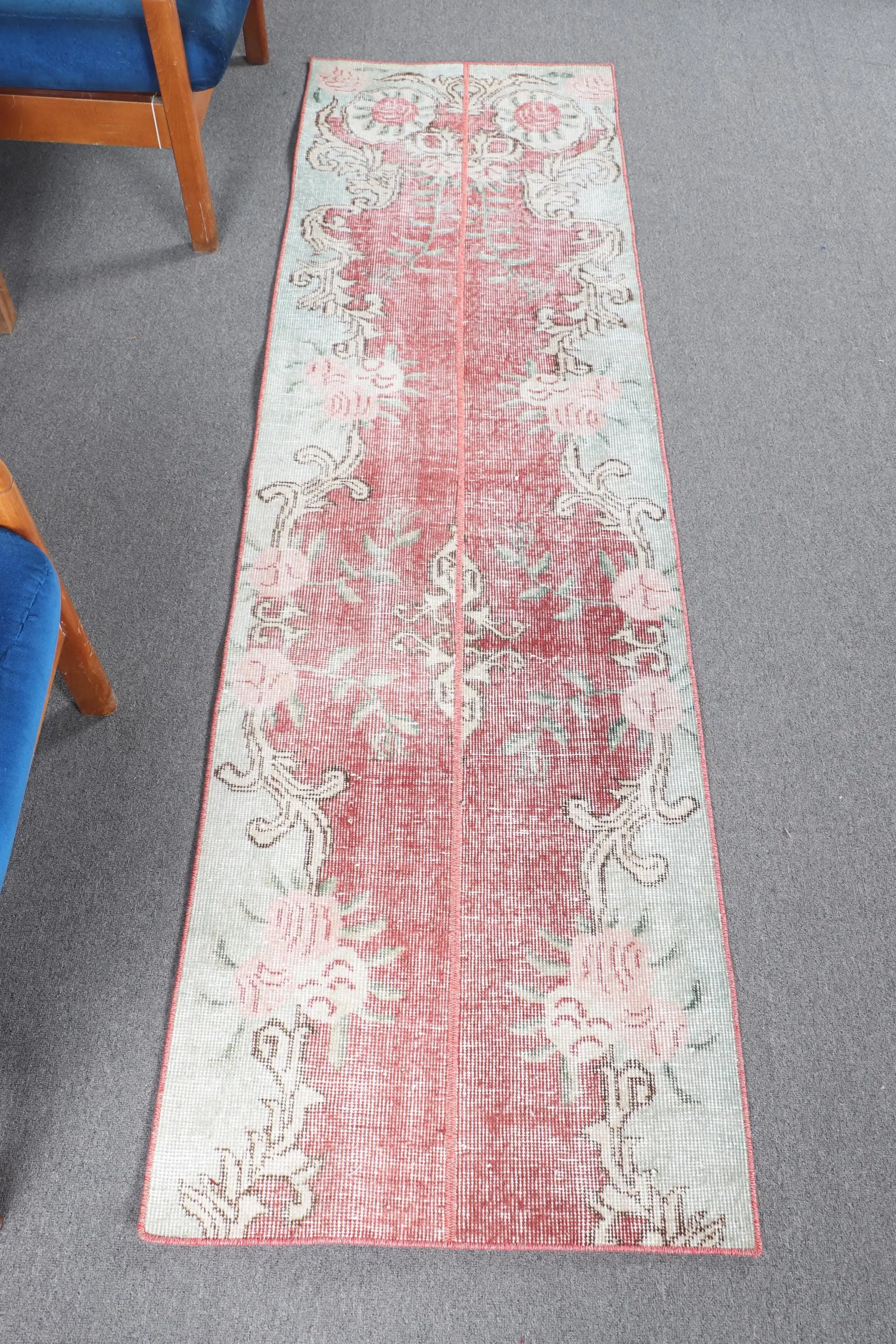 2.2x7.5 ft Vintage Rug, Red Patchwork Turkish Wool Rug - 1