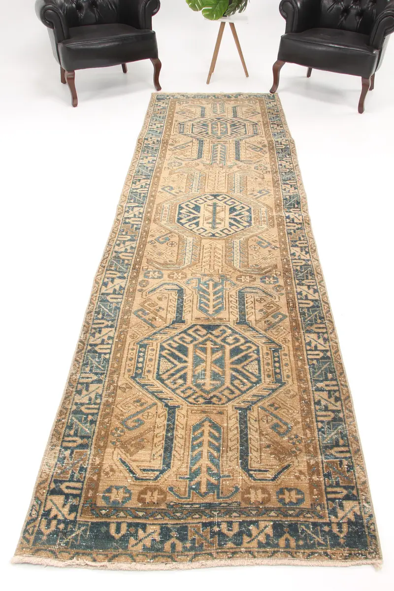 Turkish 3.2x10.8 ft Runner Rug, Vintage Rug, Oushak Brown Floral Rug - 1