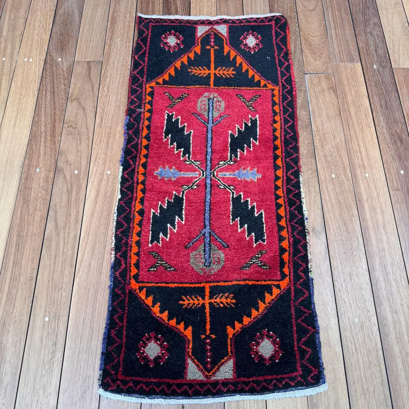 Turkish Vintage Rug, 1.6x3.7 ft Small Rug, Red Black Striped Rug - 1