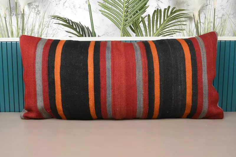 Striped Red Turkish Euro Sham, Woven Moroccan 16x35 inch Pillow Cover - 1