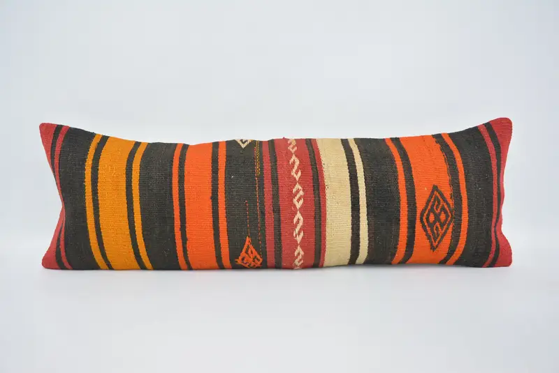 El Yapımı Çizgili Kırlent, 12x36 Turuncu & Kahverengi Dekoratif Yastık