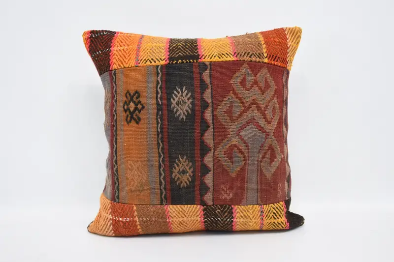 Red & Orange Embroidered Throw Pillow, Geometric Vintage Pillow