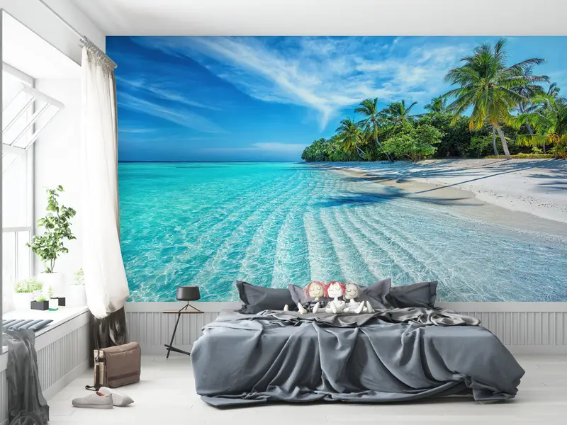 Bedruckte tropische Strandtapete: Meerblick, Blau, elegantes Design