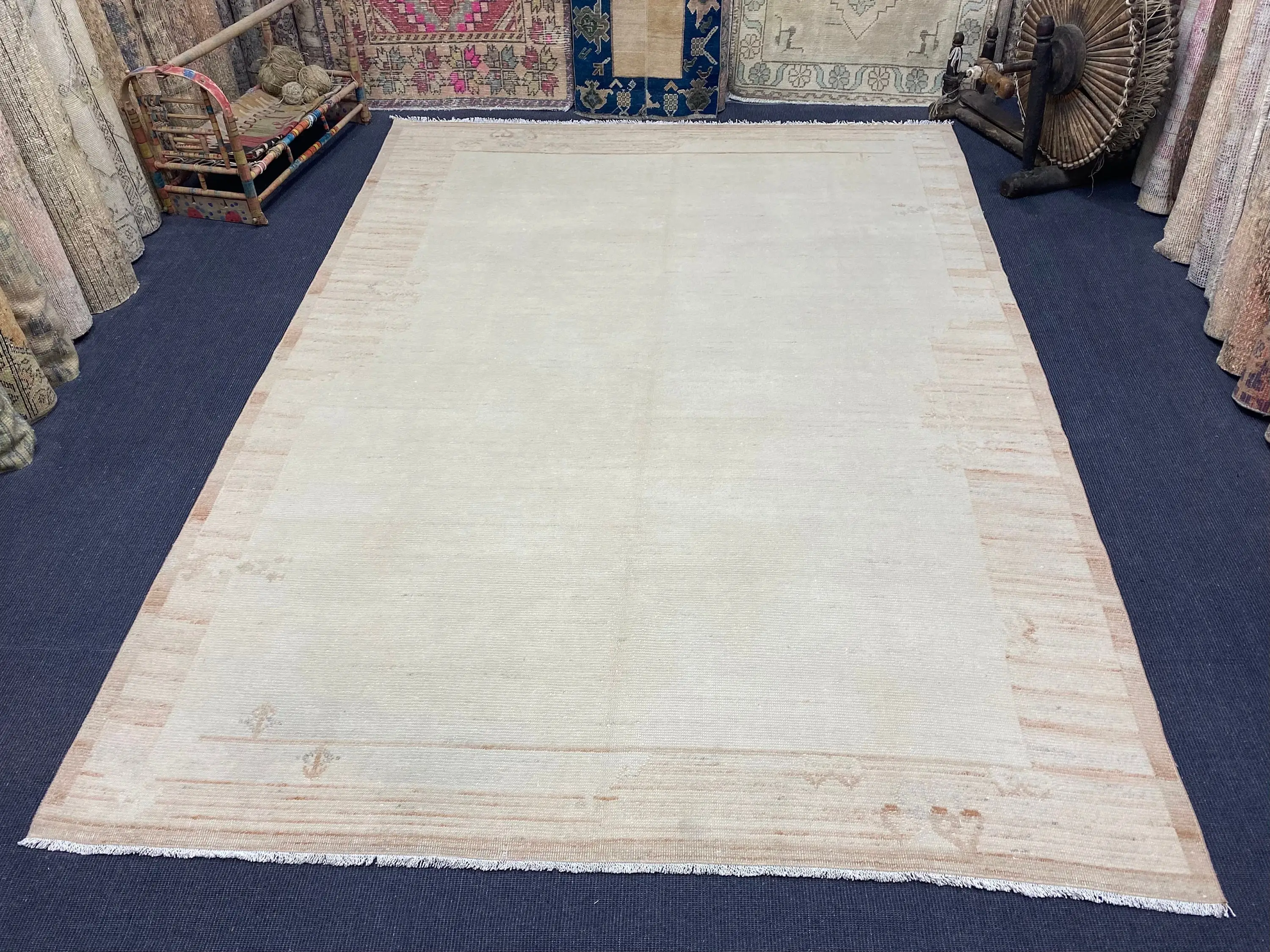 6.3x9.6 ft Halı, Vintage Türk Halısı, Beyaz Kahverengi Çiçekli Yün Halı - 1