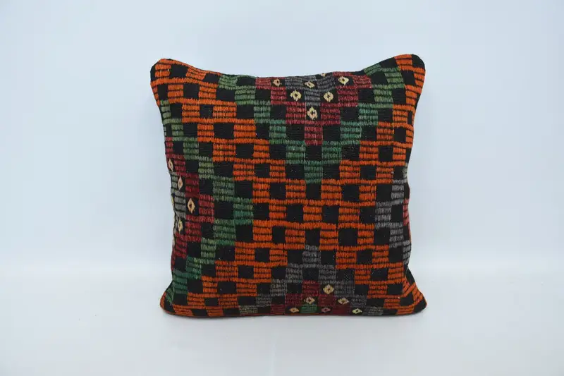 Anatolian Pillow Case, Vintage Kilim Pillow, Turkish Bench Cushion Cover, 24x24 Orange Cushion Case, Throw Kilim Pillow, Vintage Pillow, Pillow Sham - 1