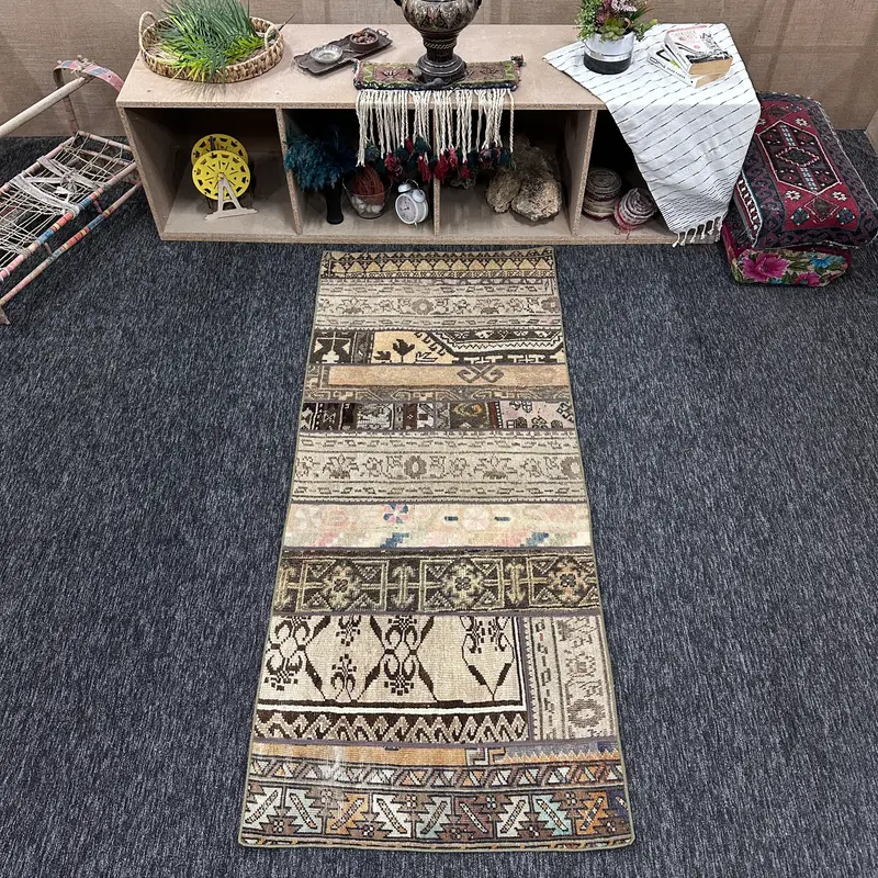 Vintage Rug, Small 2.7x6.2 ft Turkish Rug, Brown Rainbow Patchwork Wool Rug - 1
