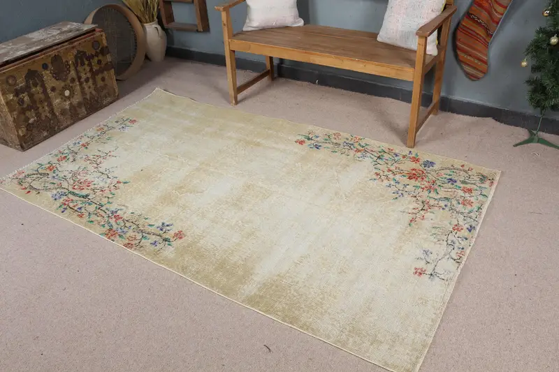 Zarif Bej Fas Halısı, Yeşil Desenli 4,3x7,5 ft