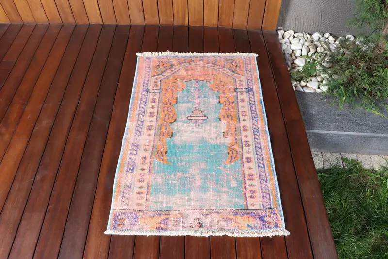 Alfombra vintage turca, alfombra Oushak de 2,2x3,37 pies, alfombra de lana de lunares azul naranja - 1
