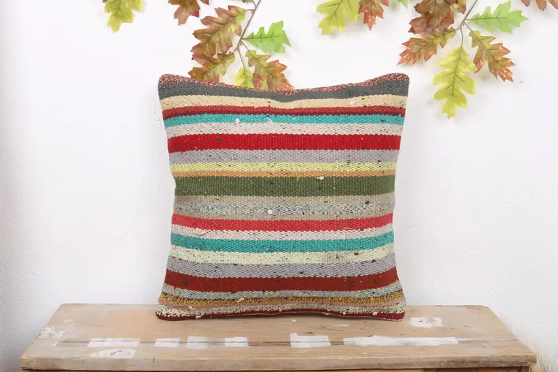 Yeşil & Kırmızı Çizgili Kırlent, İşlemeli Vintage Kırlent