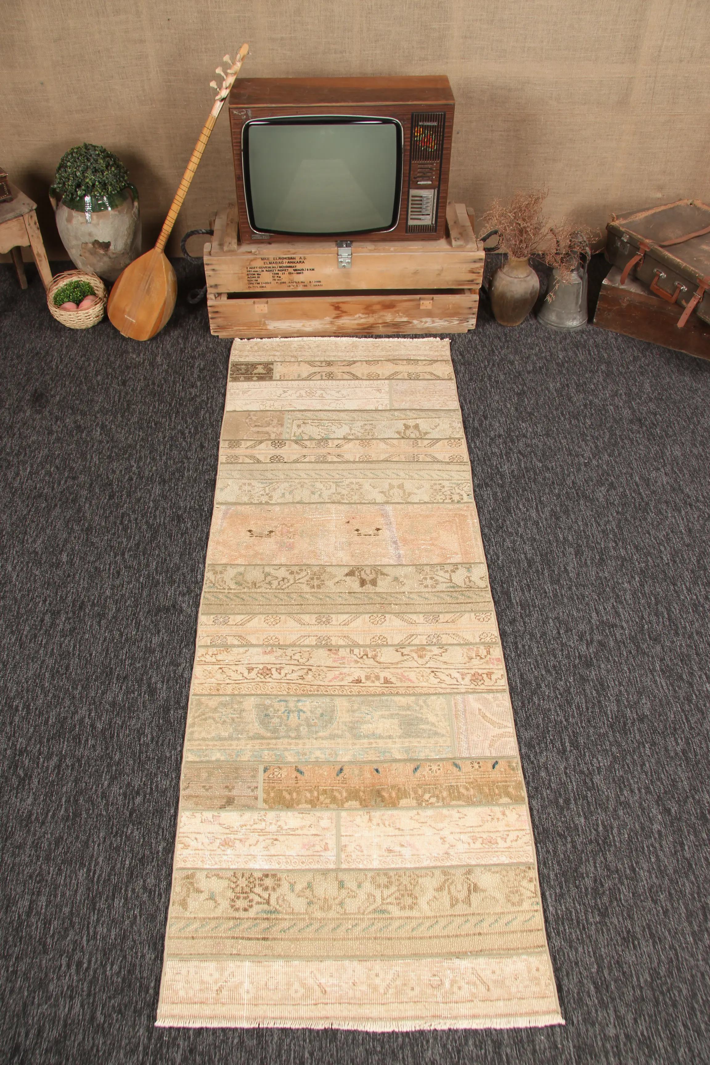 Vintage Small Rug 2.6x7.5 ft, Beige Floral Turkish Rug - 1