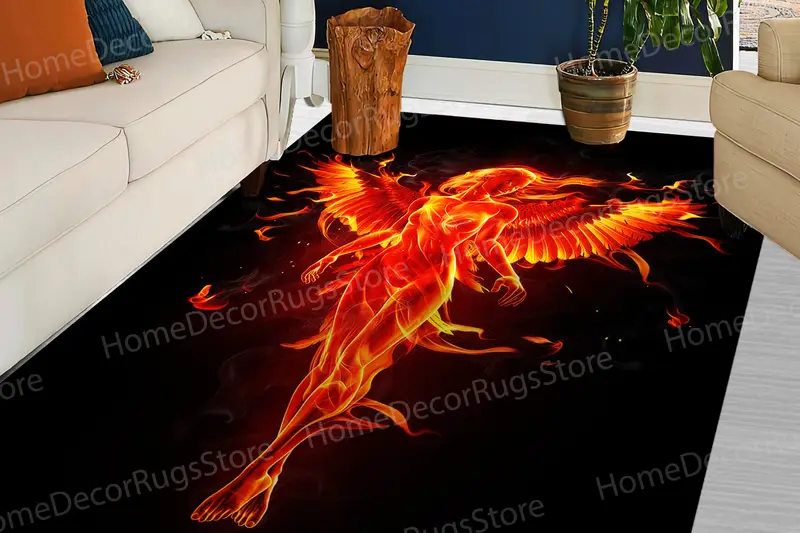 Fiery Womans Phoenix Girl Printed Rug, Vibrant Flame Design