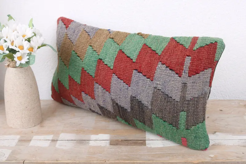 Pillow Case, Handmade Kilim Cushion, Boho Pillow, Traditional Pillow Case, 8x16 Green Cushion Cover, Kilim Pillow Cover, Pastel Cushion Case - 4