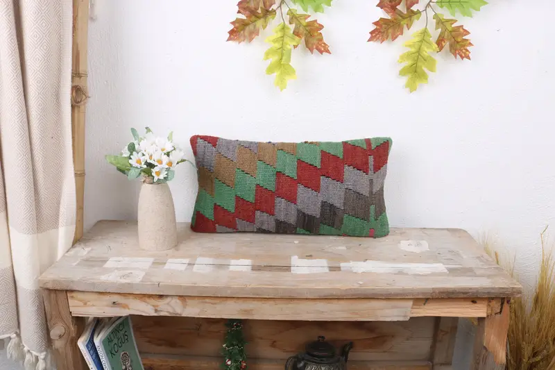 Pillow Case, Handmade Kilim Cushion, Boho Pillow, Traditional Pillow Case, 8x16 Green Cushion Cover, Kilim Pillow Cover, Pastel Cushion Case - 1