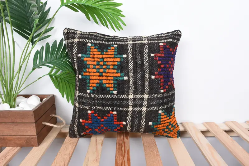 Lounge Throw Cushion, Turkish Corner Cushion Case, Pillow Cover, Boho Pillow Sham Cover, Throw Kilim Pillow, 16x16 Orange Pillow Sham, Boho Pillow - 1