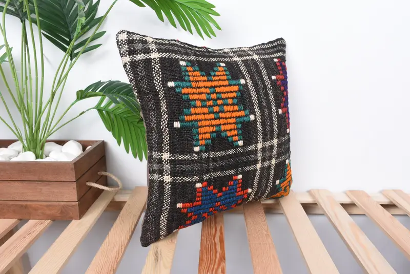 Lounge Throw Cushion, Turkish Corner Cushion Case, Pillow Cover, Boho Pillow Sham Cover, Throw Kilim Pillow, 16x16 Orange Pillow Sham, Boho Pillow - 4