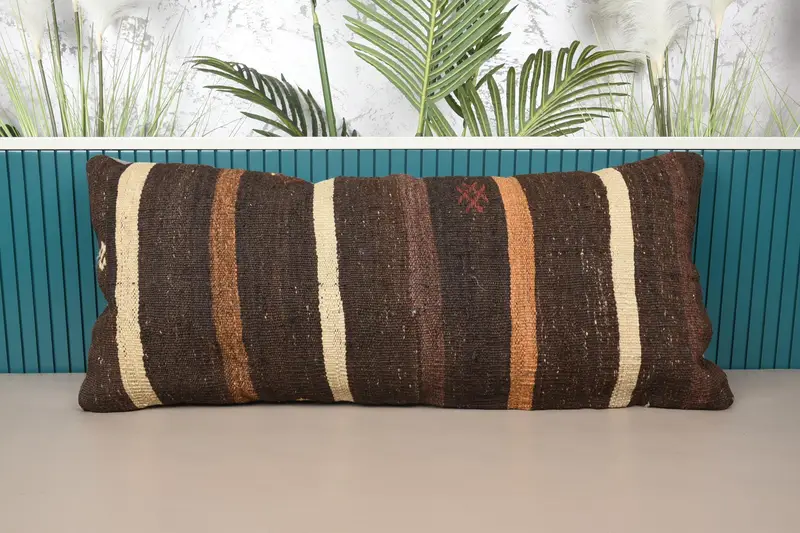 Beige & braun gestreiftes Wurfkissen, 16x36 handgemachtes Kissen