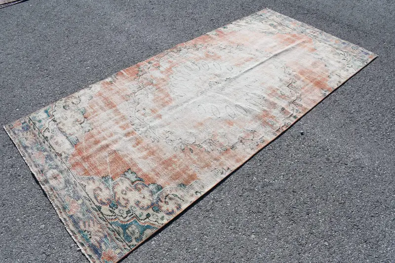 Alfombra Oushak vintage de 4,2x9,2 pies, alfombra de lana turca a cuadros naranja - 1