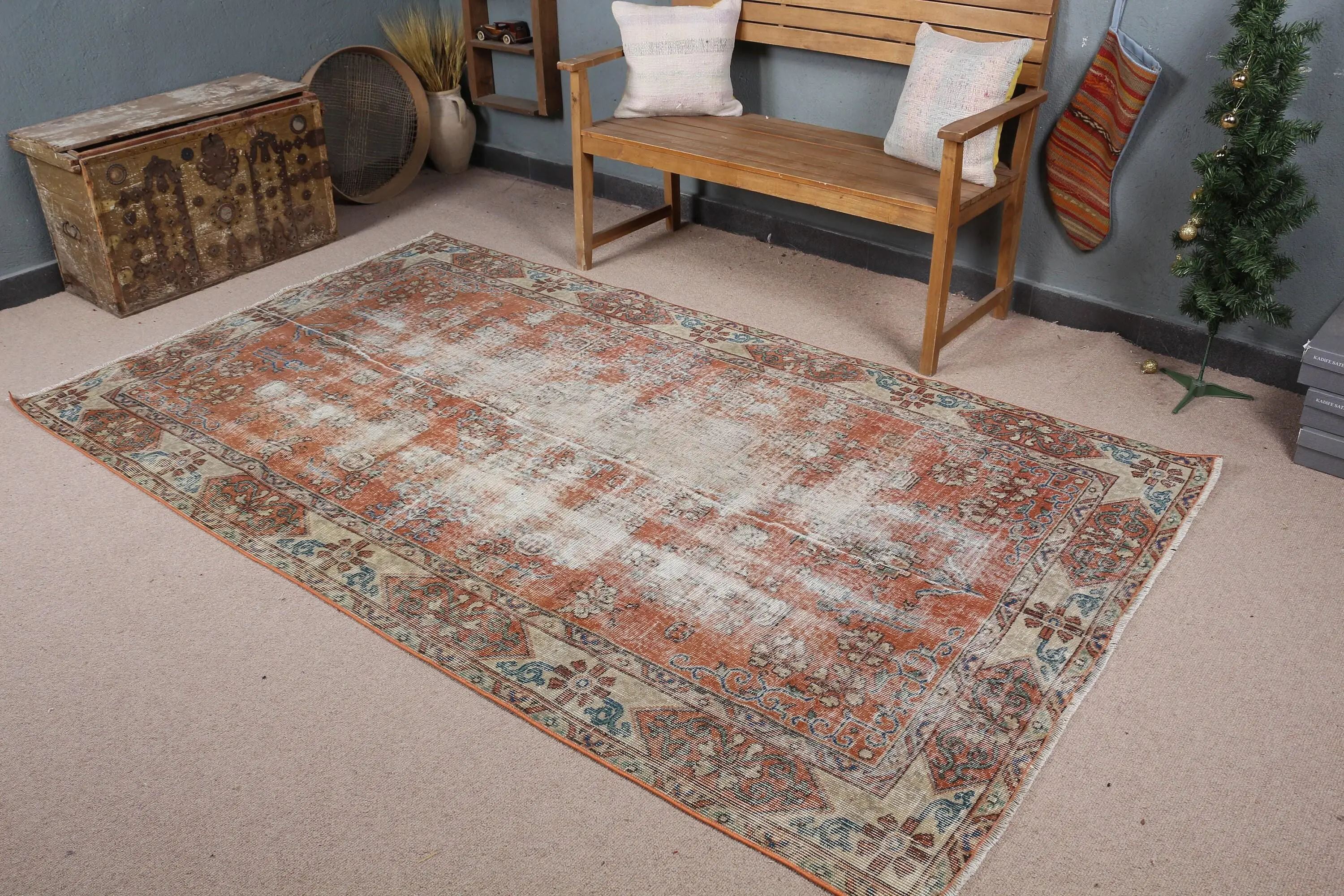 Vintage Büyük Halı 4.9x8.4 ft, Turuncu Çizgili Türk Yün Halısı - 1